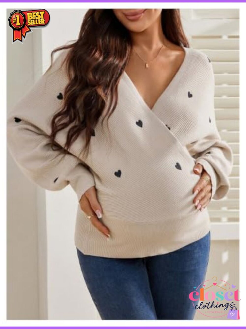 Maternity Wrap Sweater Heart Embroidered Dolman Sleeve Knit Pullover Pregnancy - Picture 3 of 4
